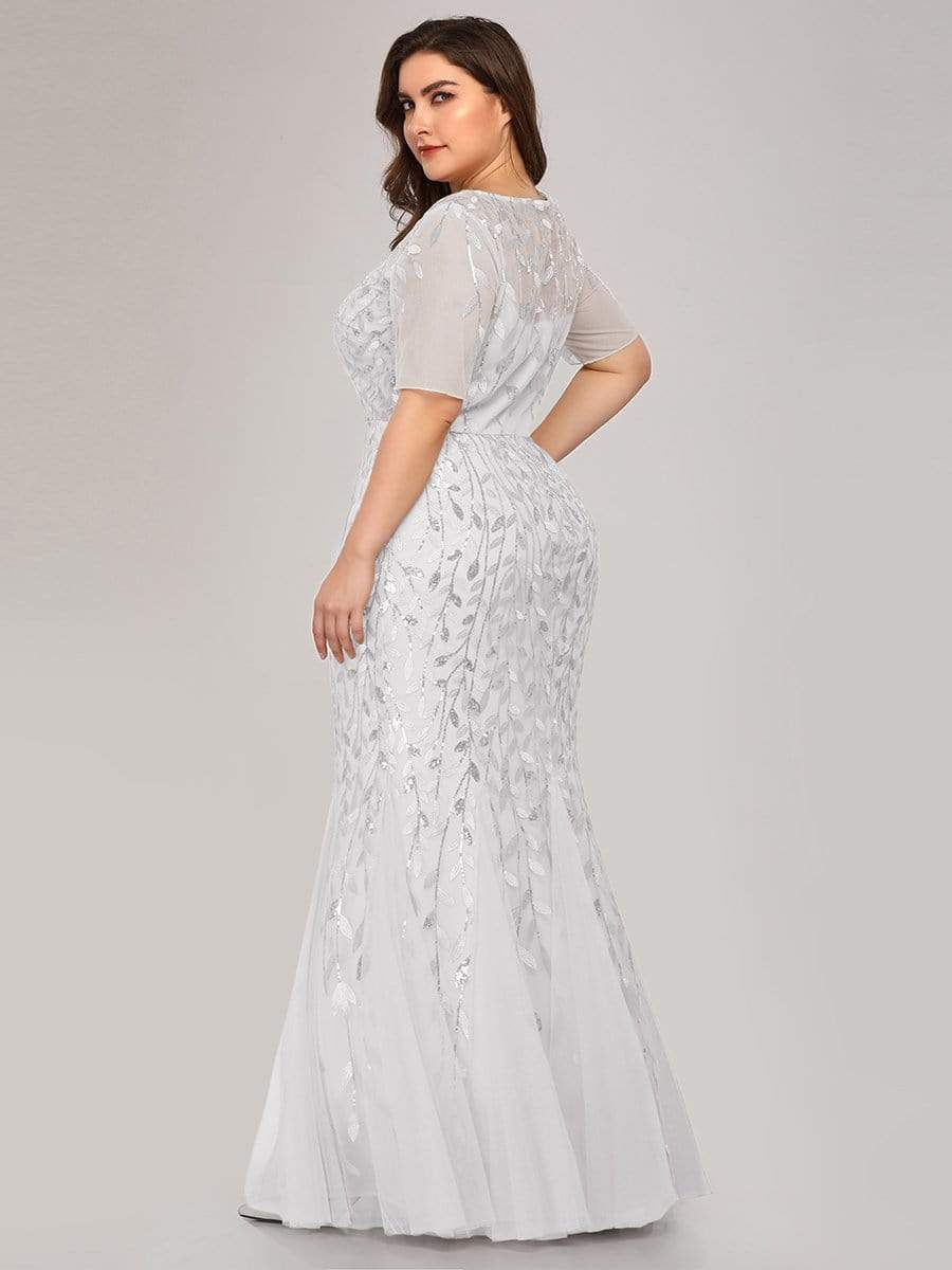 Plus Size Bodycon Sequin Tulle Maxi Dress #color_White