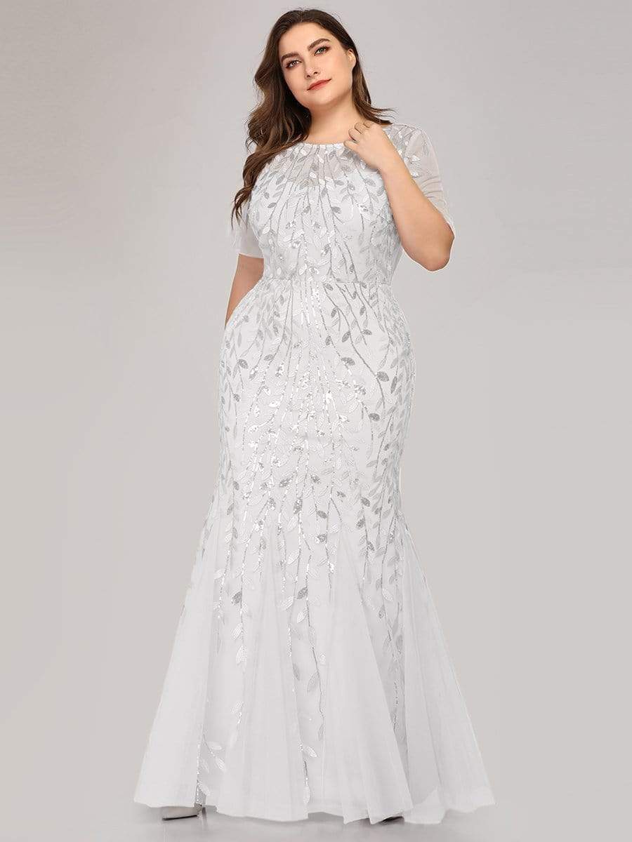 Plus Size Bodycon Sequin Tulle Maxi Dress #color_White