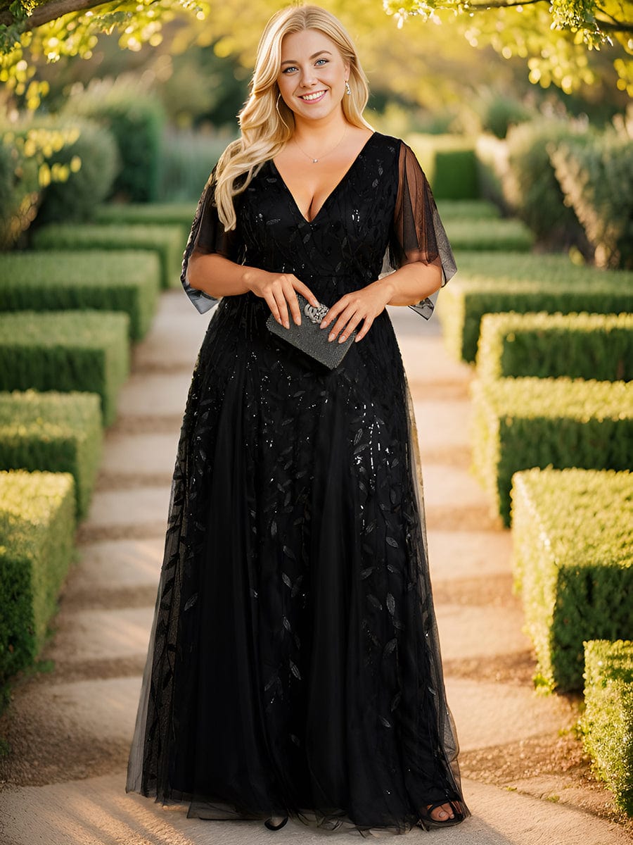 Plus Size Leaf Sequin Tulle A-Line Maxi Dress with Short Sleeves #color_Black