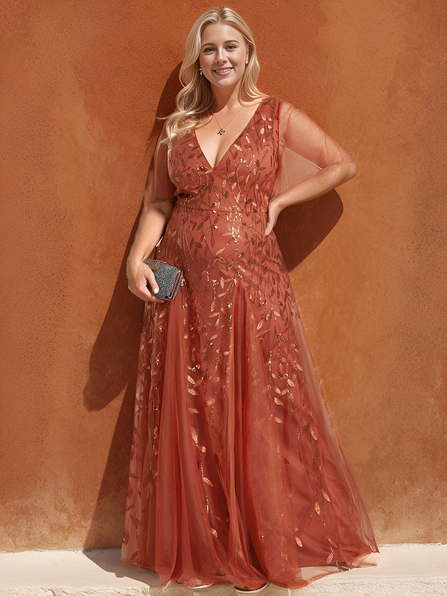 Plus Size Leaf Sequin Tulle A-Line Maxi Dress with Short Sleeves #color_Burnt Orange