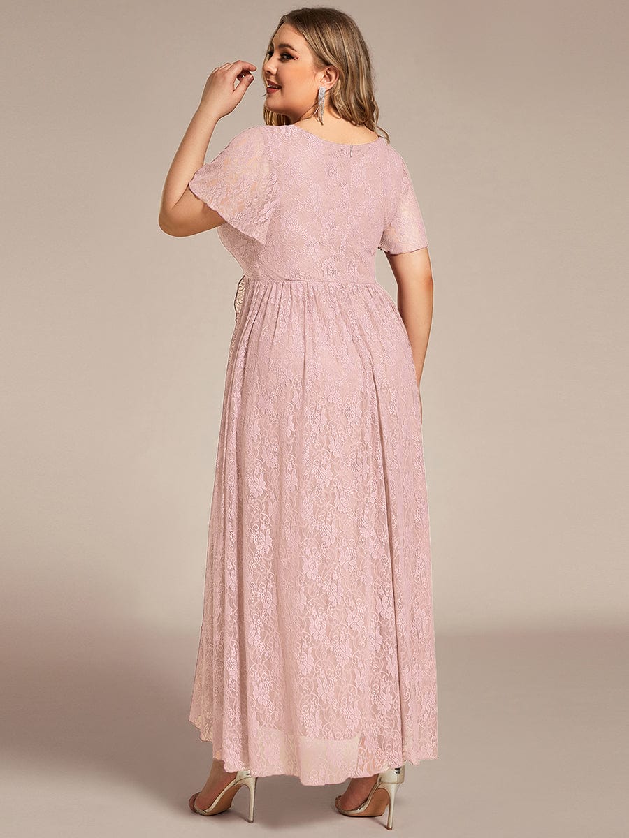 Ruffled Lace High-Low Plus Size Dress with Short Sleeves #color_Pink