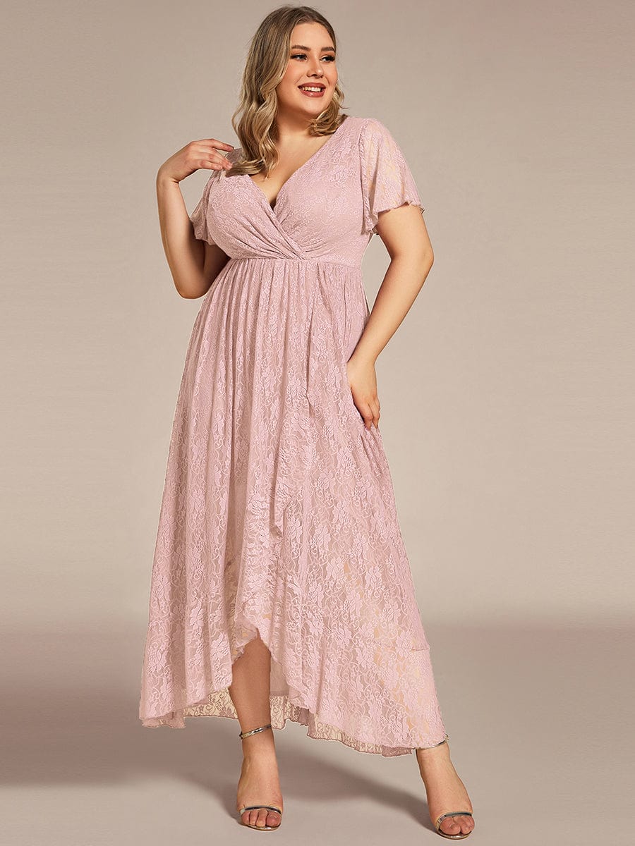 Ruffled Lace High-Low Plus Size Dress with Short Sleeves #color_Pink