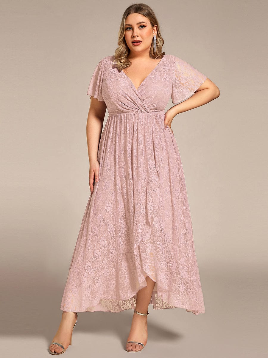 Ruffled Lace High-Low Plus Size Dress with Short Sleeves #color_Pink