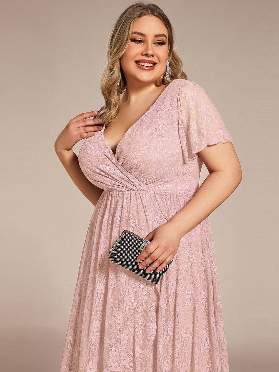 Ruffled Lace High-Low Plus Size Dress with Short Sleeves #color_Pink