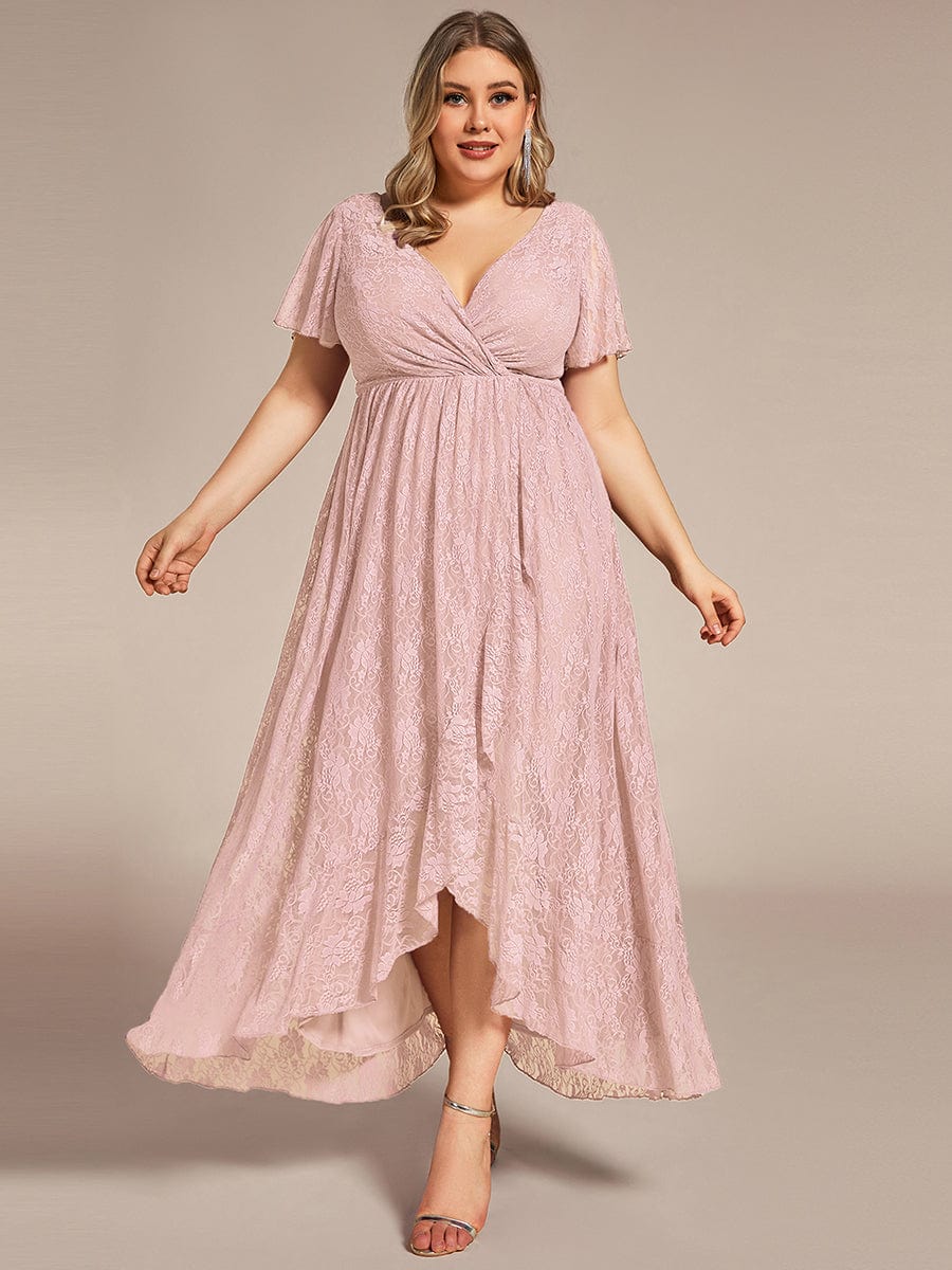 Ruffled Lace High-Low Plus Size Dress with Short Sleeves #color_Pink