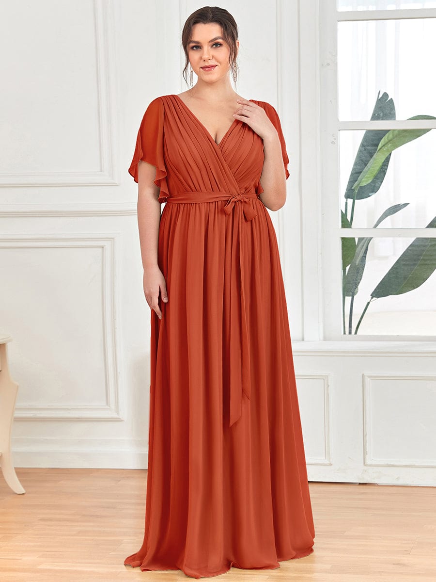 Plus Size Pleated Chiffon Tie-Waist Maxi Dress #color_Burnt Orange