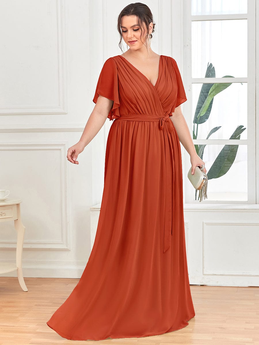 Plus Size Pleated Chiffon Tie-Waist Maxi Dress #color_Burnt Orange