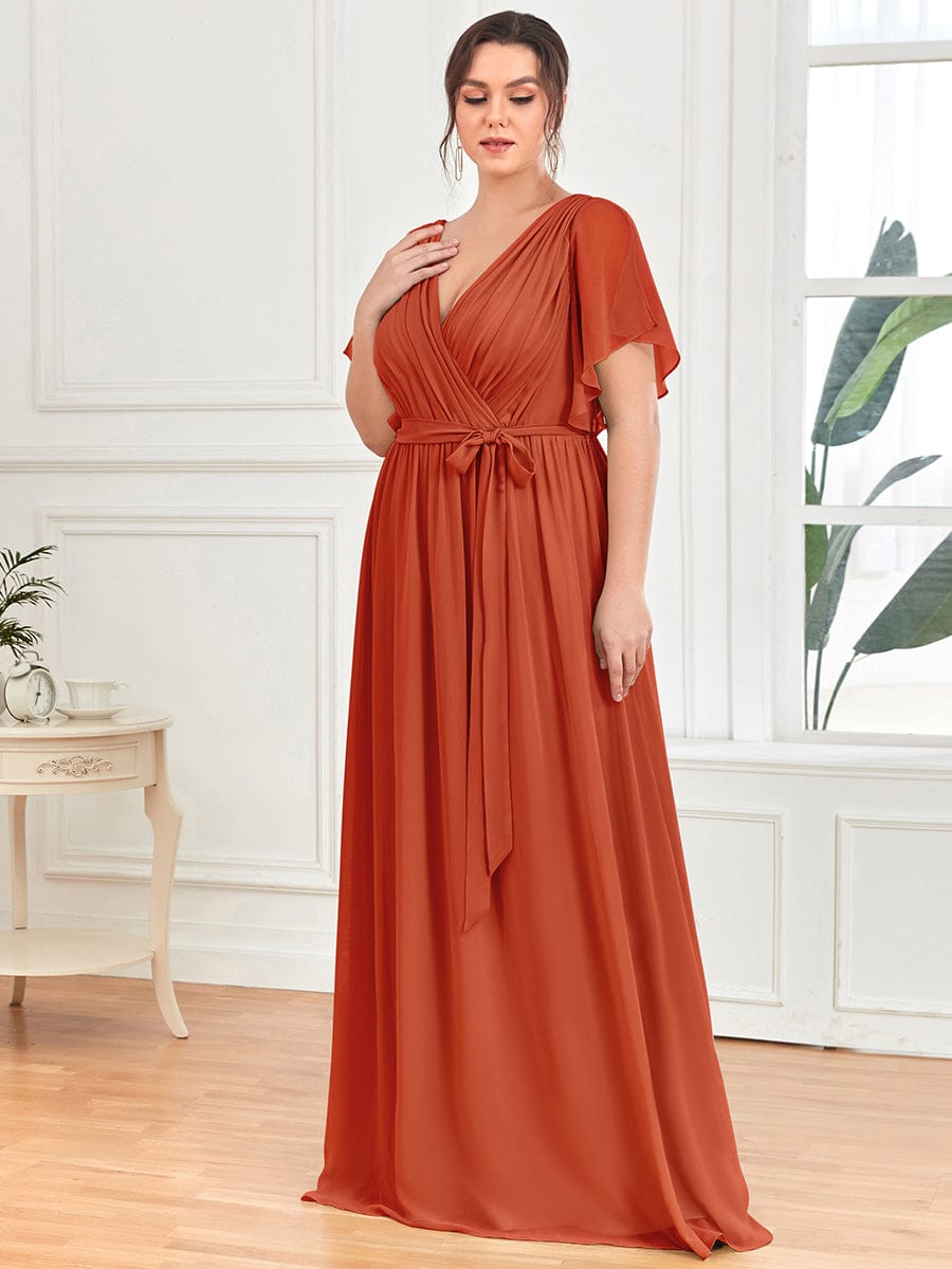 Plus Size Pleated Chiffon Tie-Waist Maxi Dress #color_Burnt Orange