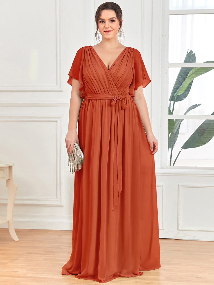 Plus Size Pleated Chiffon Tie-Waist Maxi Dress #color_Burnt Orange