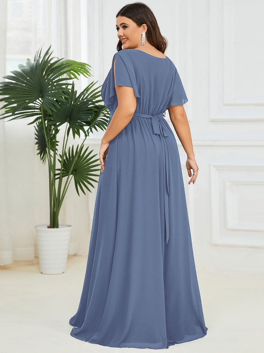 Plus Size Pleated Chiffon Tie-Waist Maxi Dress #color_Dusty Blue