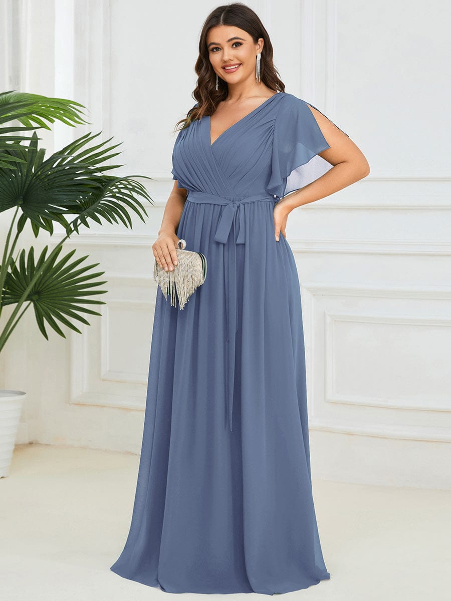 Plus Size Pleated Chiffon Tie-Waist Maxi Dress #color_Dusty Blue