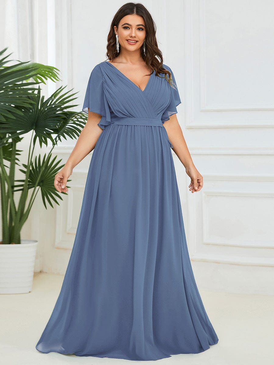 Plus Size Pleated Chiffon Tie-Waist Maxi Dress #color_Dusty Blue