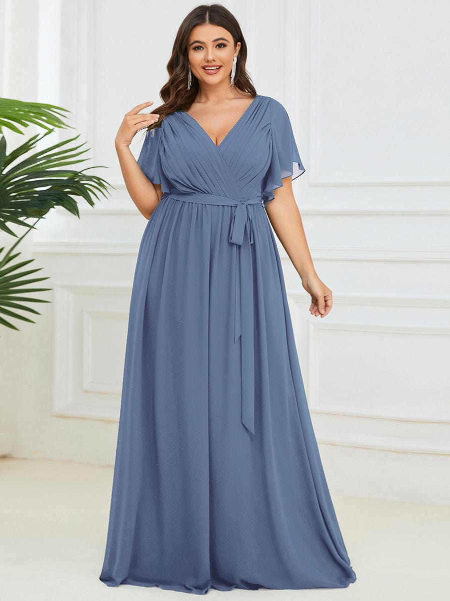 Plus Size Pleated Chiffon Tie-Waist Maxi Dress #color_Dusty Blue