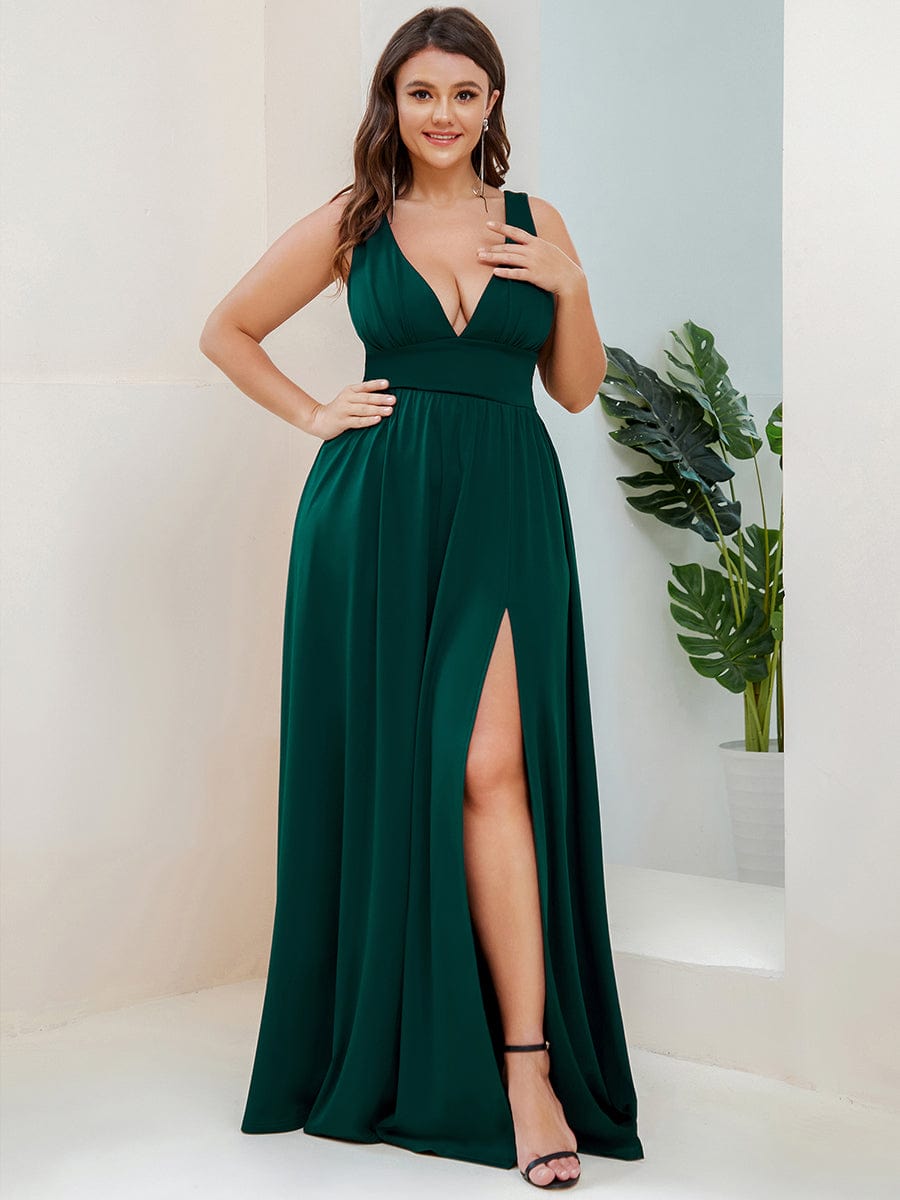 Plus Size V Neck High Slit Dress #color_Dark Green