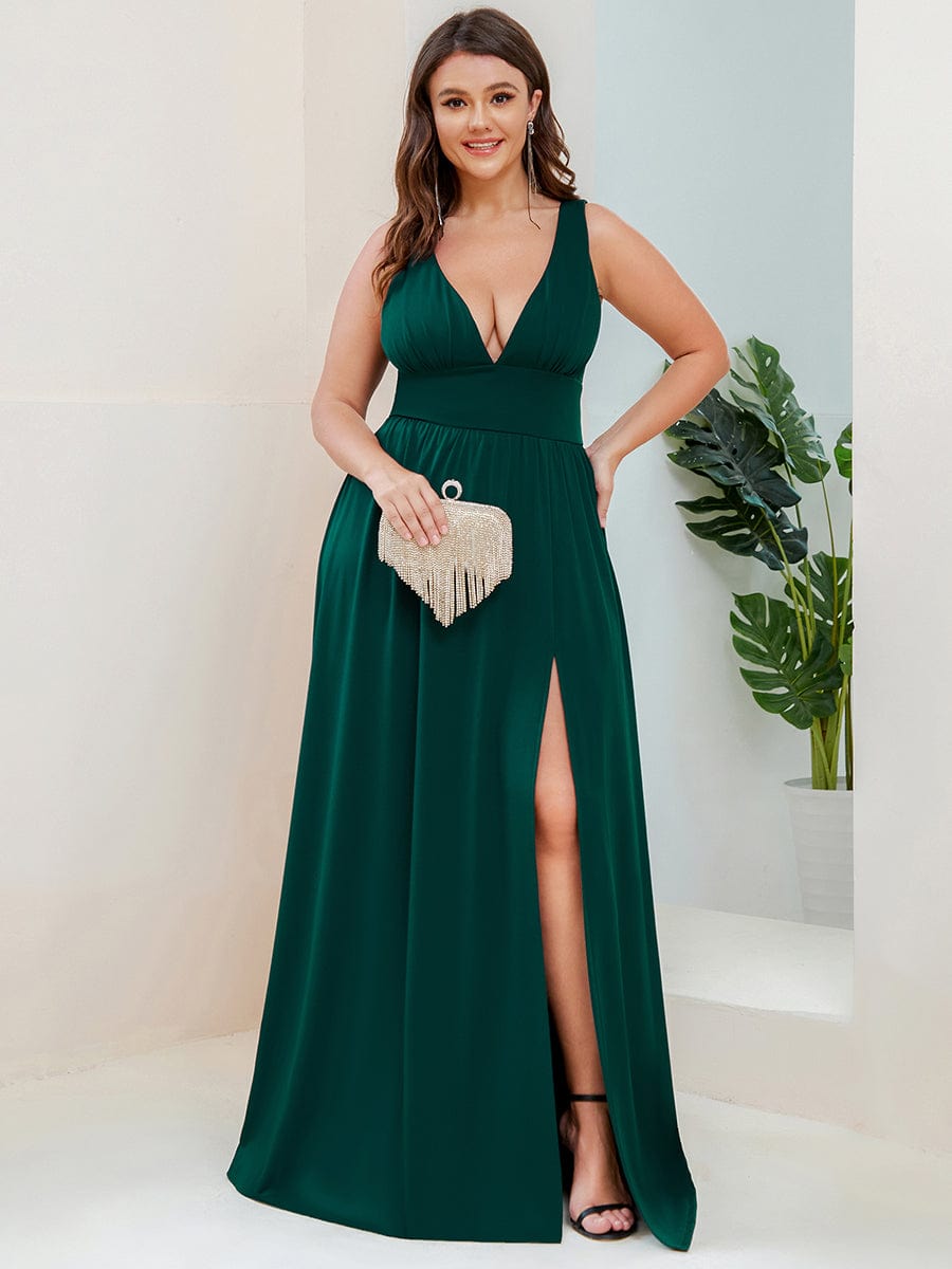 Plus Size V Neck High Slit Dress #color_Dark Green