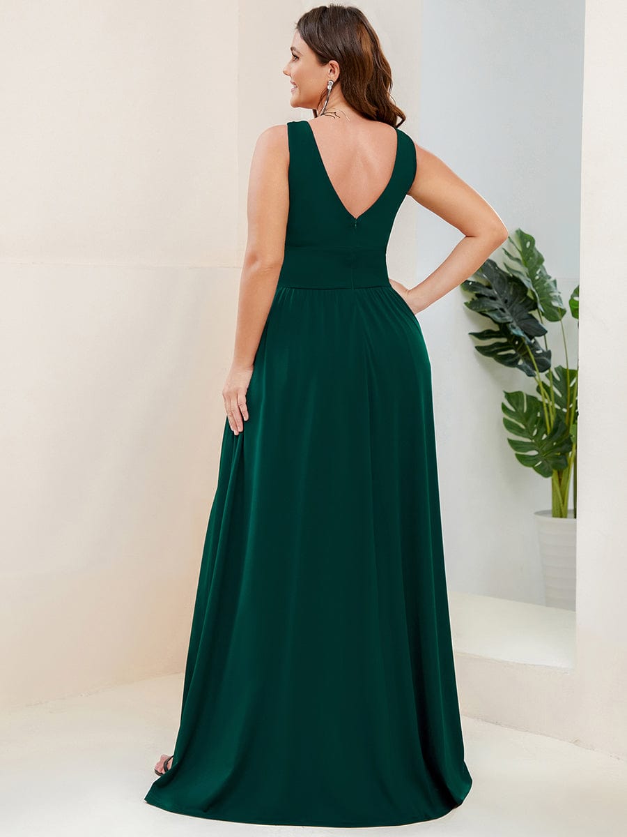 Plus Size V Neck High Slit Dress #color_Dark Green