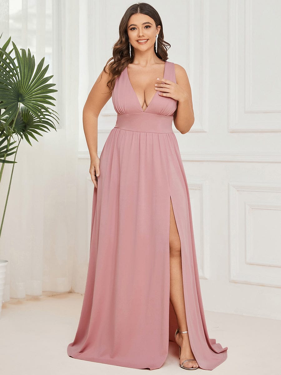 Plus Size V Neck High Slit Dress #color_Dusty Rose