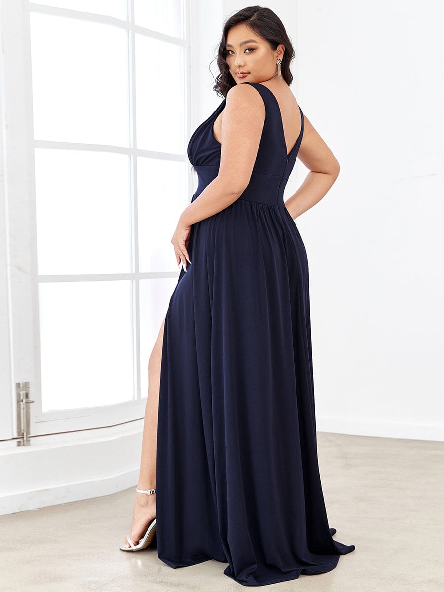 Plus Size V Neck High Slit Dress #color_Navy Blue