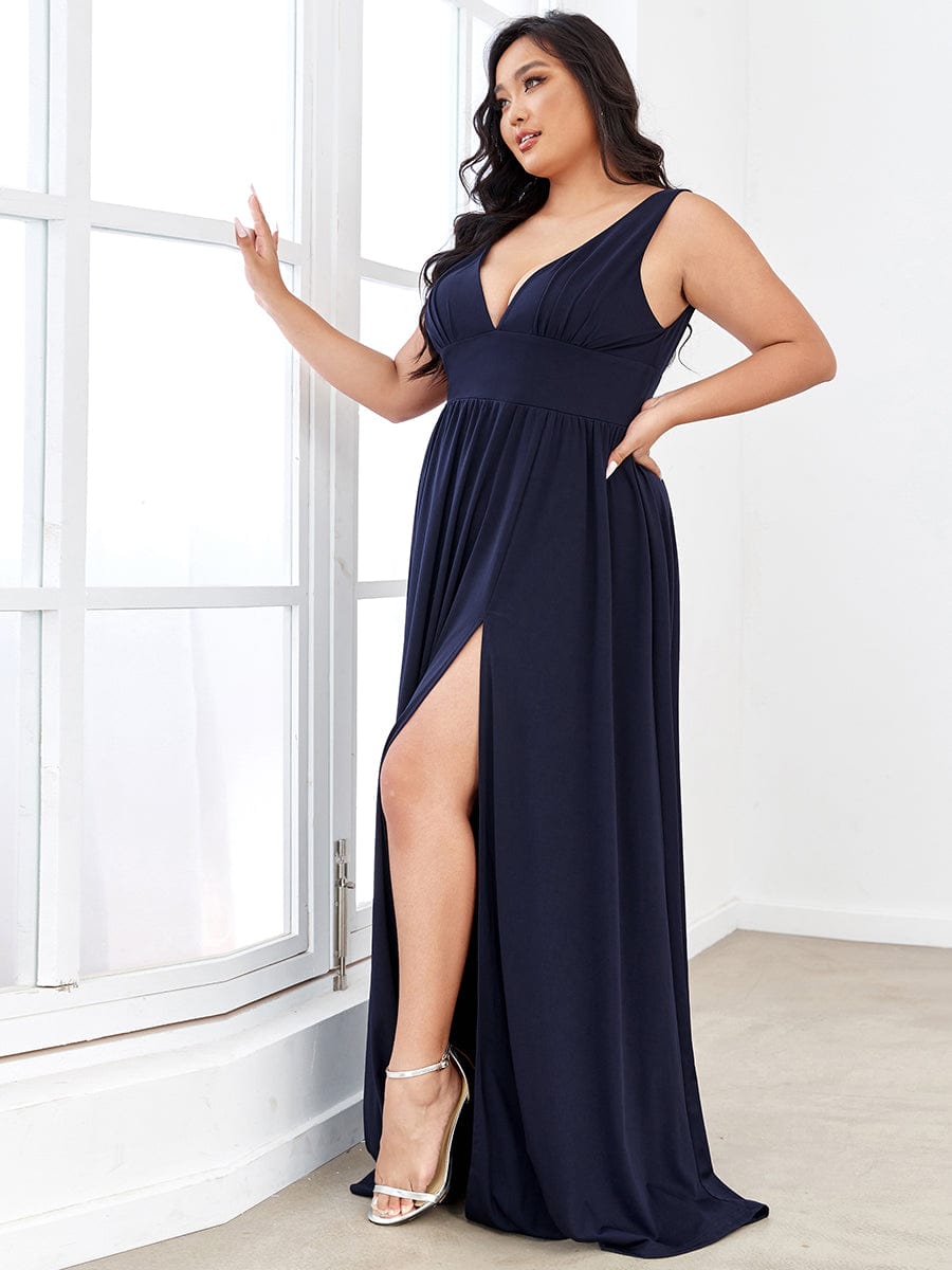 Plus Size V Neck High Slit Dress #color_Navy Blue