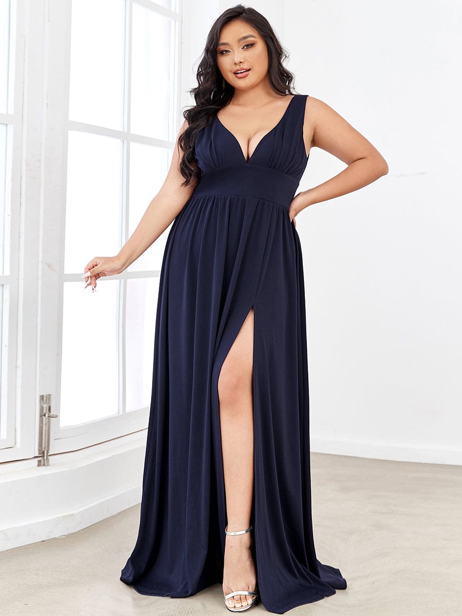 Plus Size V Neck High Slit Dress #color_Navy Blue