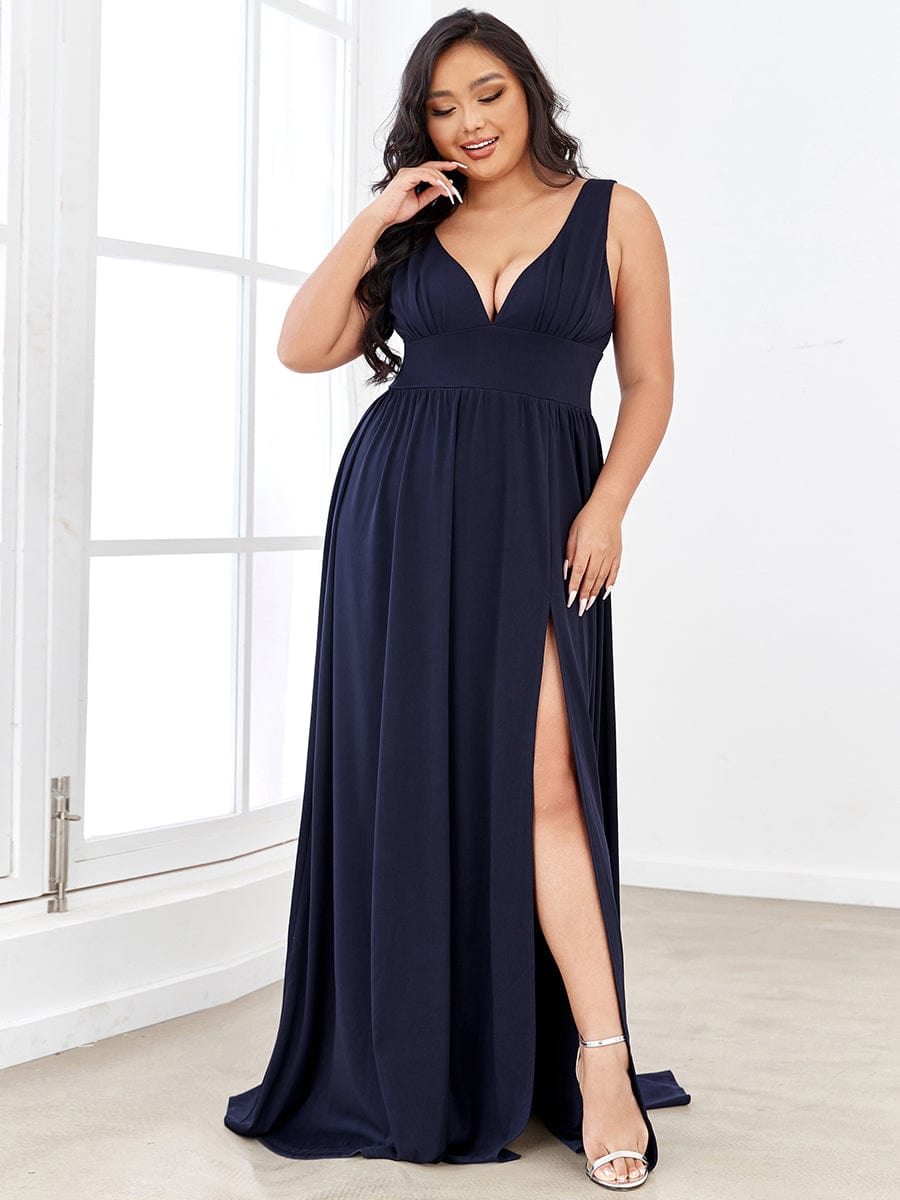 Plus Size V Neck High Slit Dress #color_Navy Blue