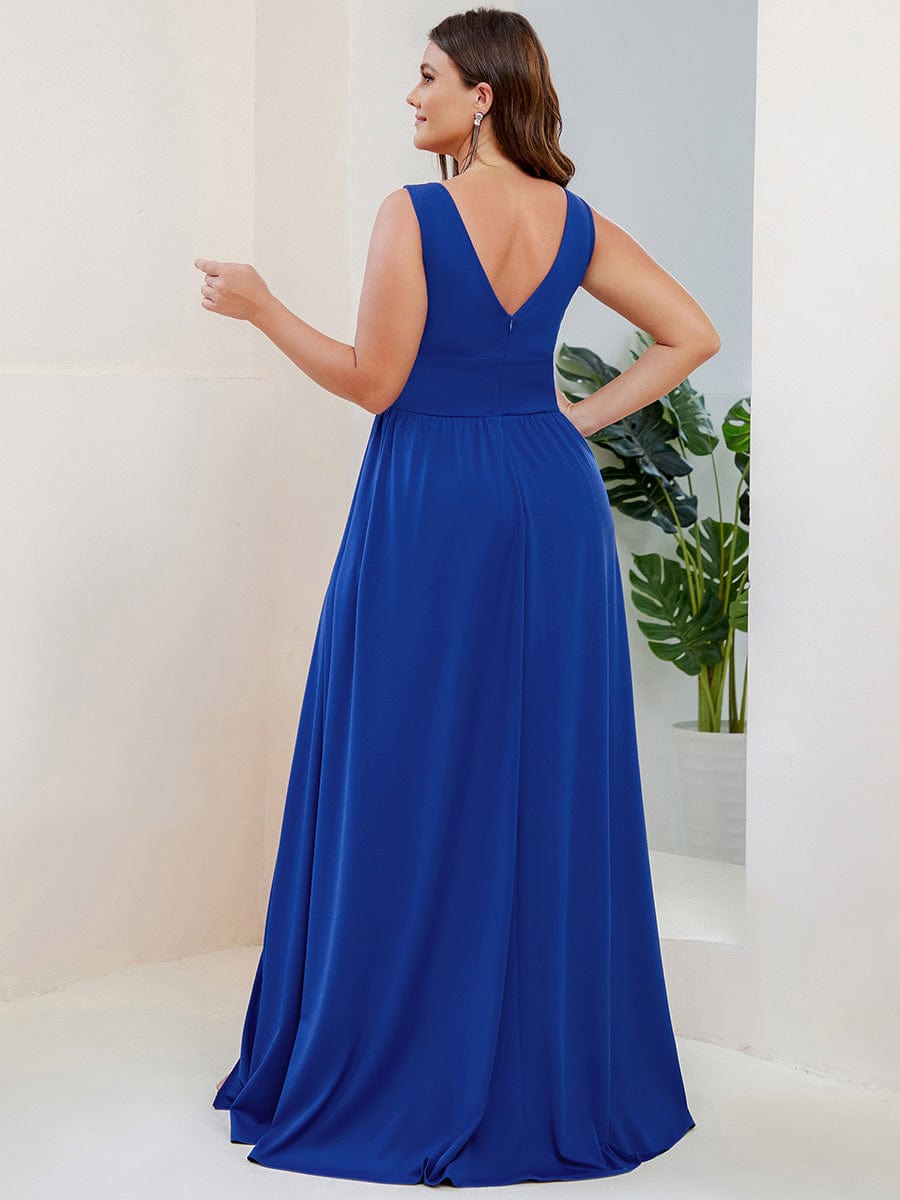 Plus Size V Neck High Slit Dress #color_Sapphire Blue