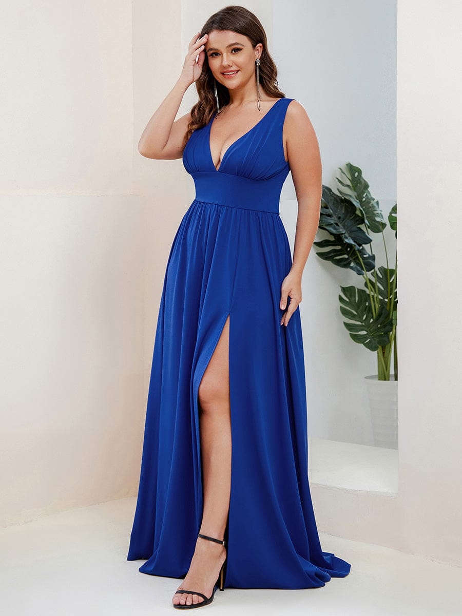 Plus Size V Neck High Slit Dress #color_Sapphire Blue