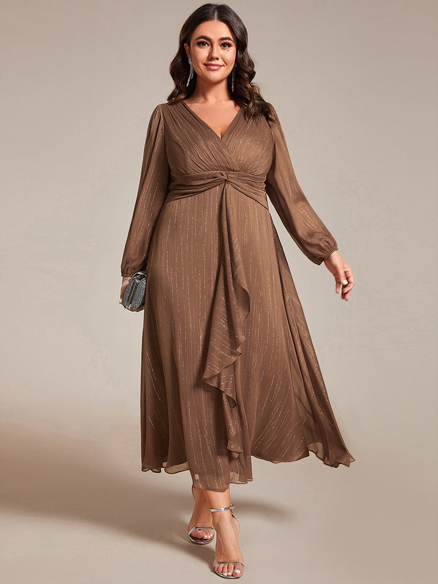 Plus Size Long Sleeve Twist Knot Glitter Midi Dress #color_Brown