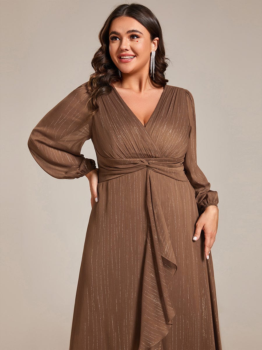 Plus Size Long Sleeve Twist Knot Glitter Midi Dress #color_Brown