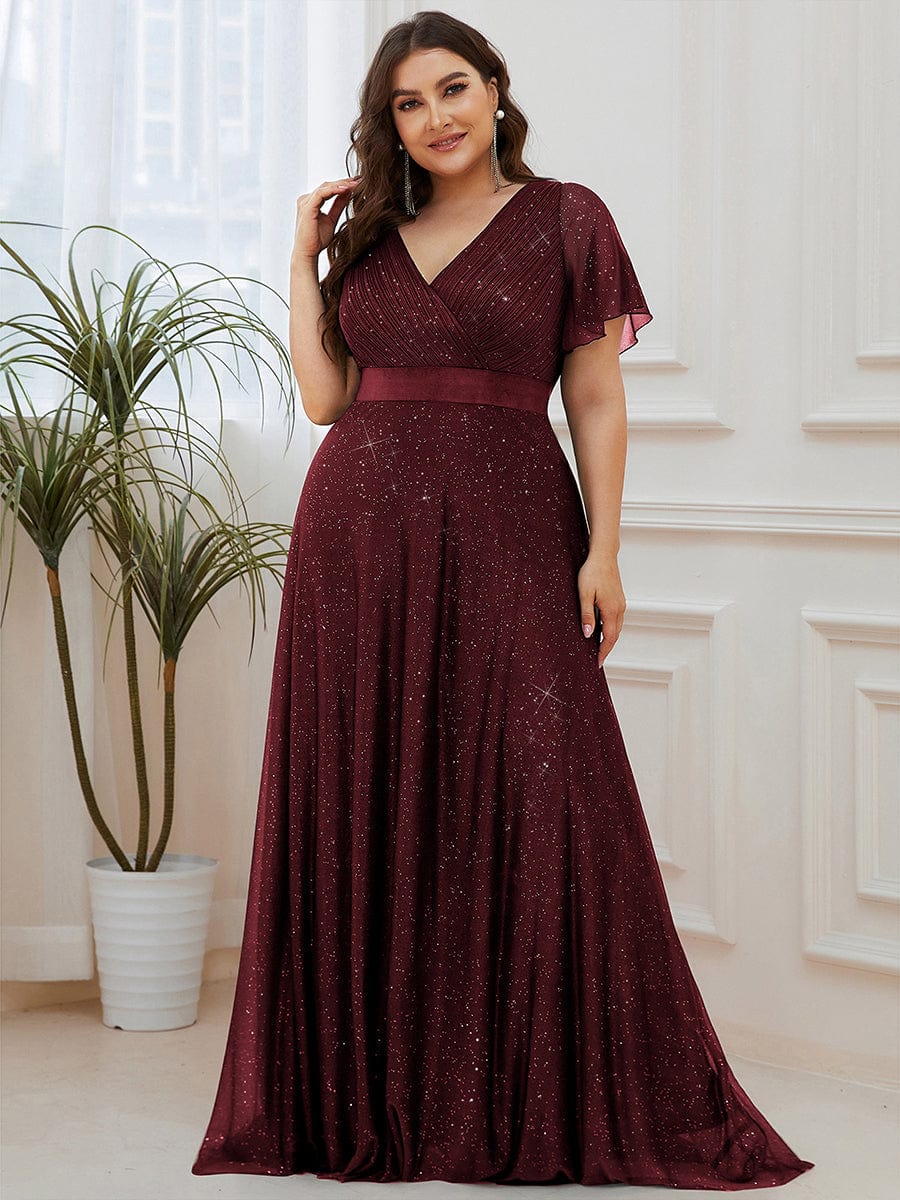 Plus Size V-Neck Satin Ribbon Waist Glitter Maxi Dress #color_Burgundy