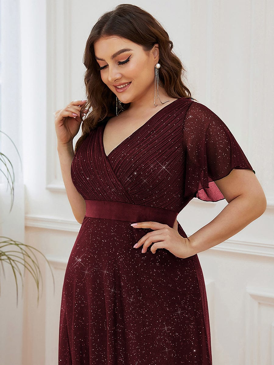 Plus Size V-Neck Satin Ribbon Waist Glitter Maxi Dress #color_Burgundy