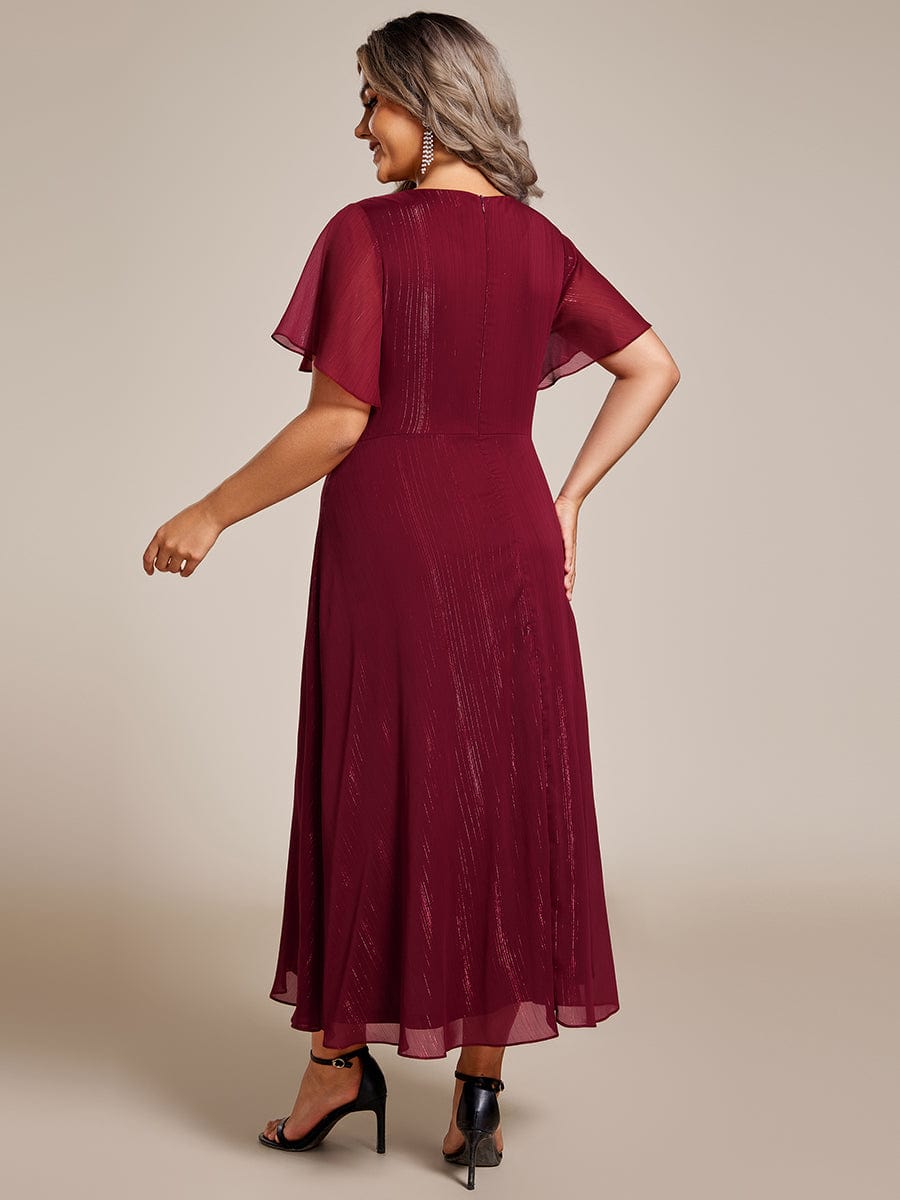 Plus Size Short Sleeve Twist Knot Metallic Midi Dress #color_Burgundy