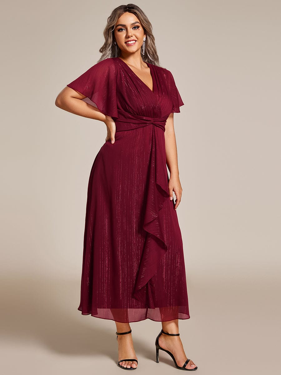 Plus Size Short Sleeve Twist Knot Metallic Midi Dress #color_Burgundy