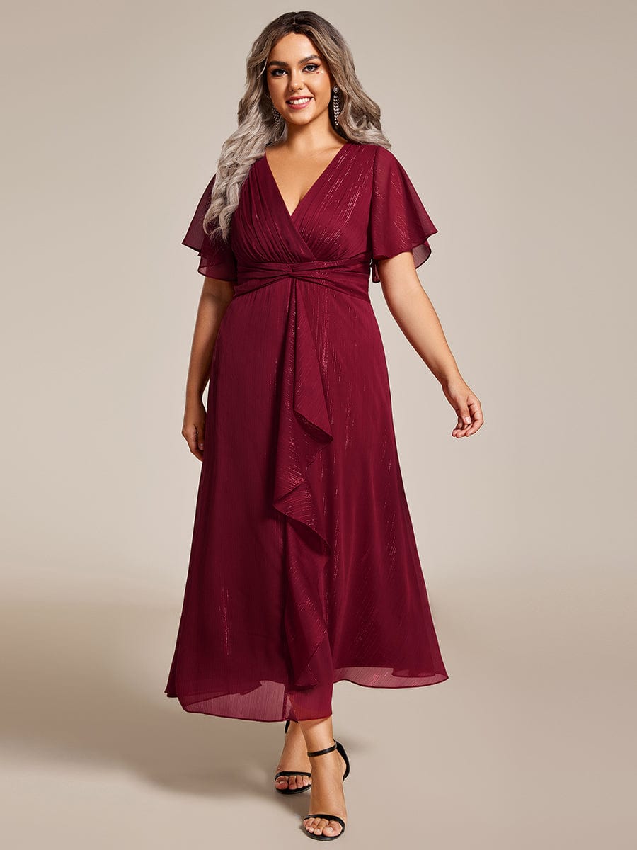 Plus Size Short Sleeve Twist Knot Metallic Midi Dress #color_Burgundy