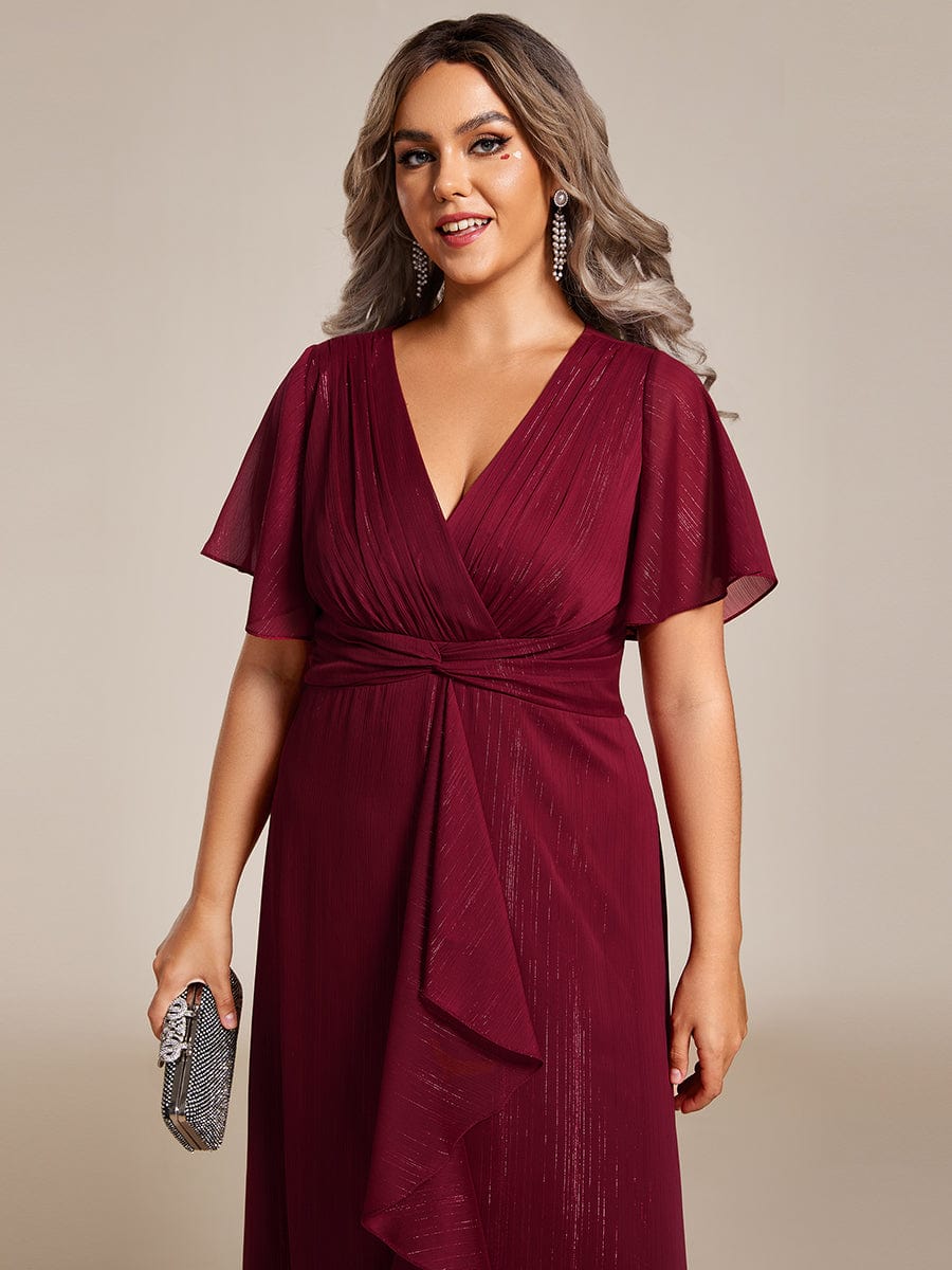 Plus Size Short Sleeve Twist Knot Metallic Midi Dress #color_Burgundy