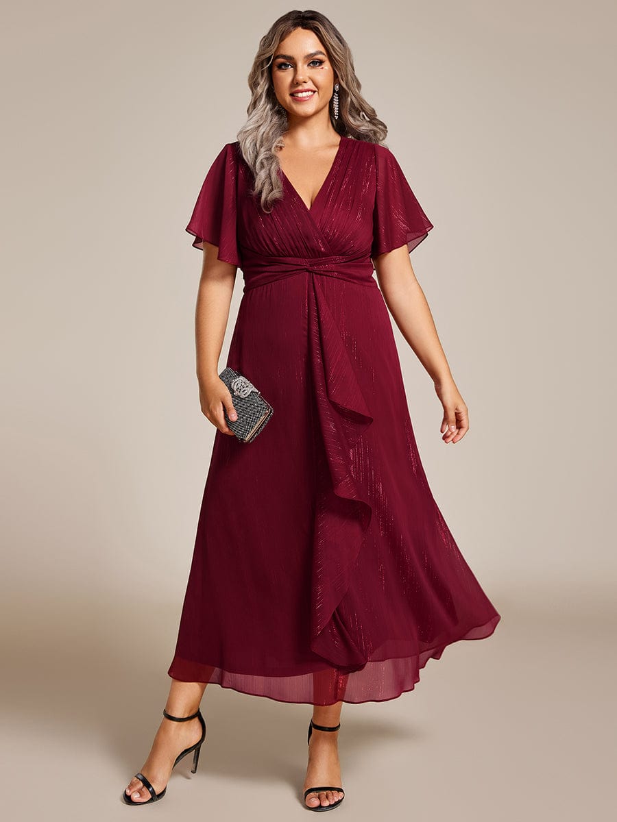 Plus Size Short Sleeve Twist Knot Metallic Midi Dress #color_Burgundy