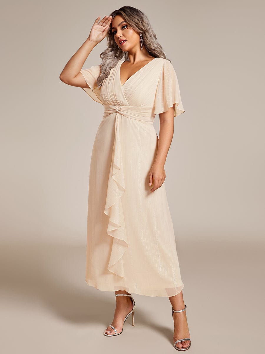 Plus Size Short Sleeve Twist Knot Metallic Midi Dress #color_Champagne