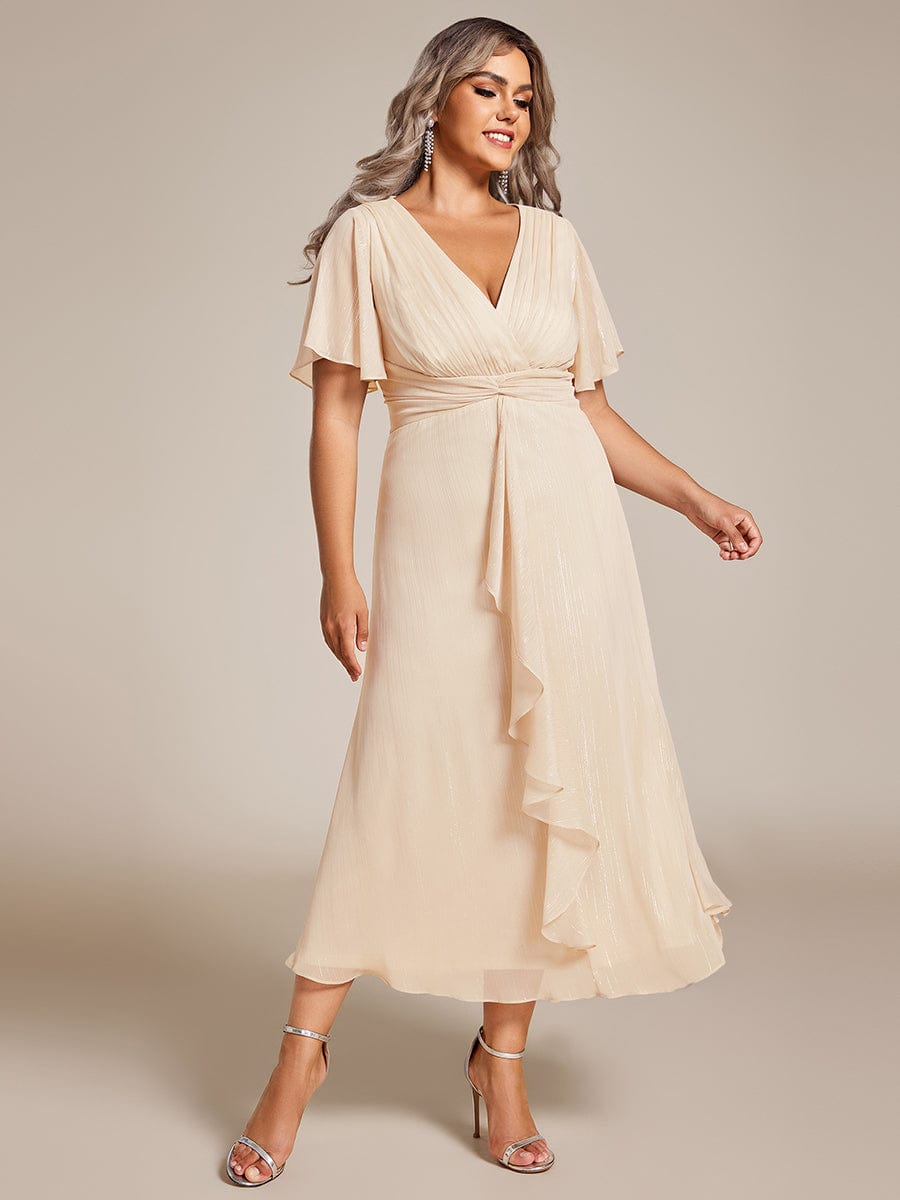 Plus Size Short Sleeve Twist Knot Metallic Midi Dress #color_Champagne