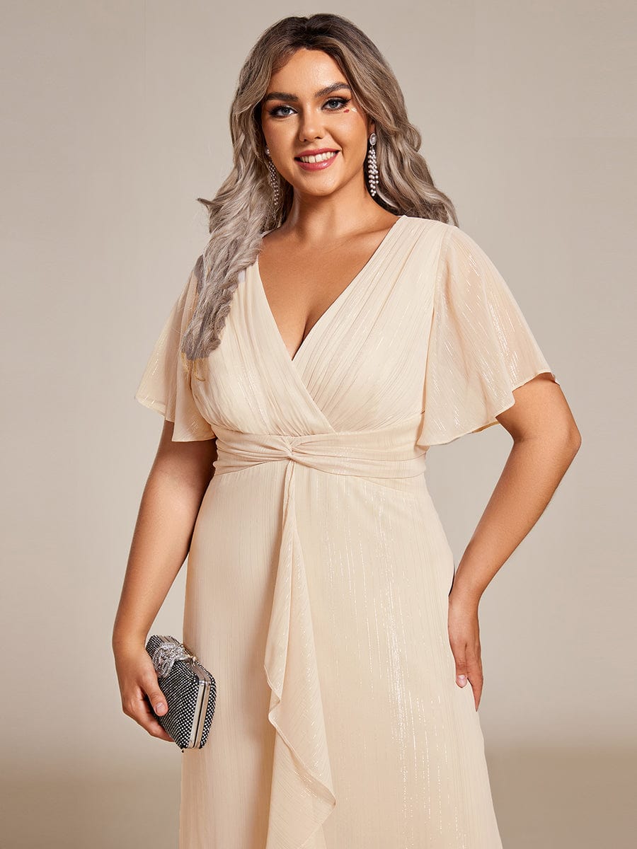 Plus Size Short Sleeve Twist Knot Metallic Midi Dress #color_Champagne