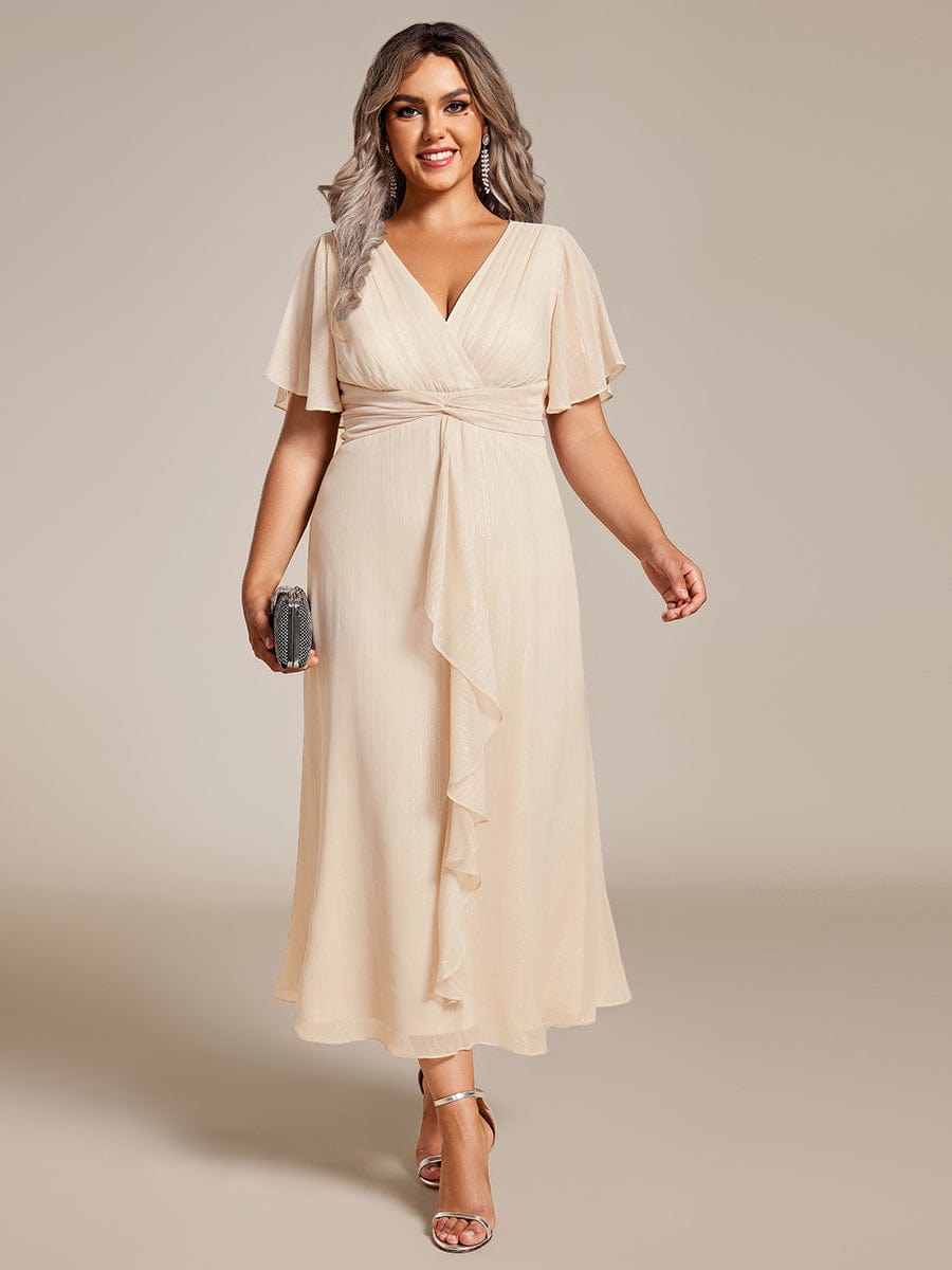 Plus Size Short Sleeve Twist Knot Metallic Midi Dress #color_Champagne