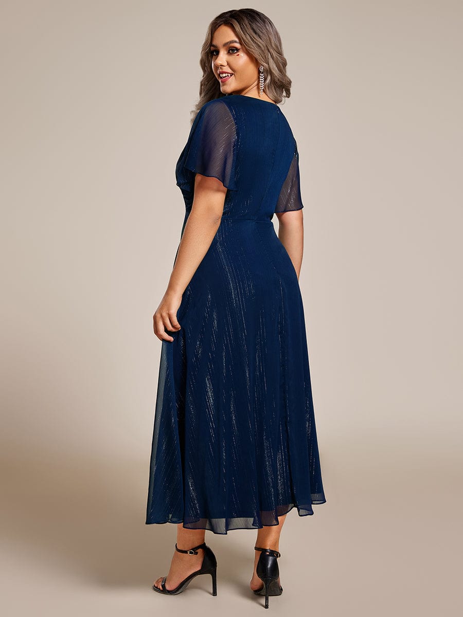 Plus Size Short Sleeve Twist Knot Metallic Midi Dress #color_Navy Blue