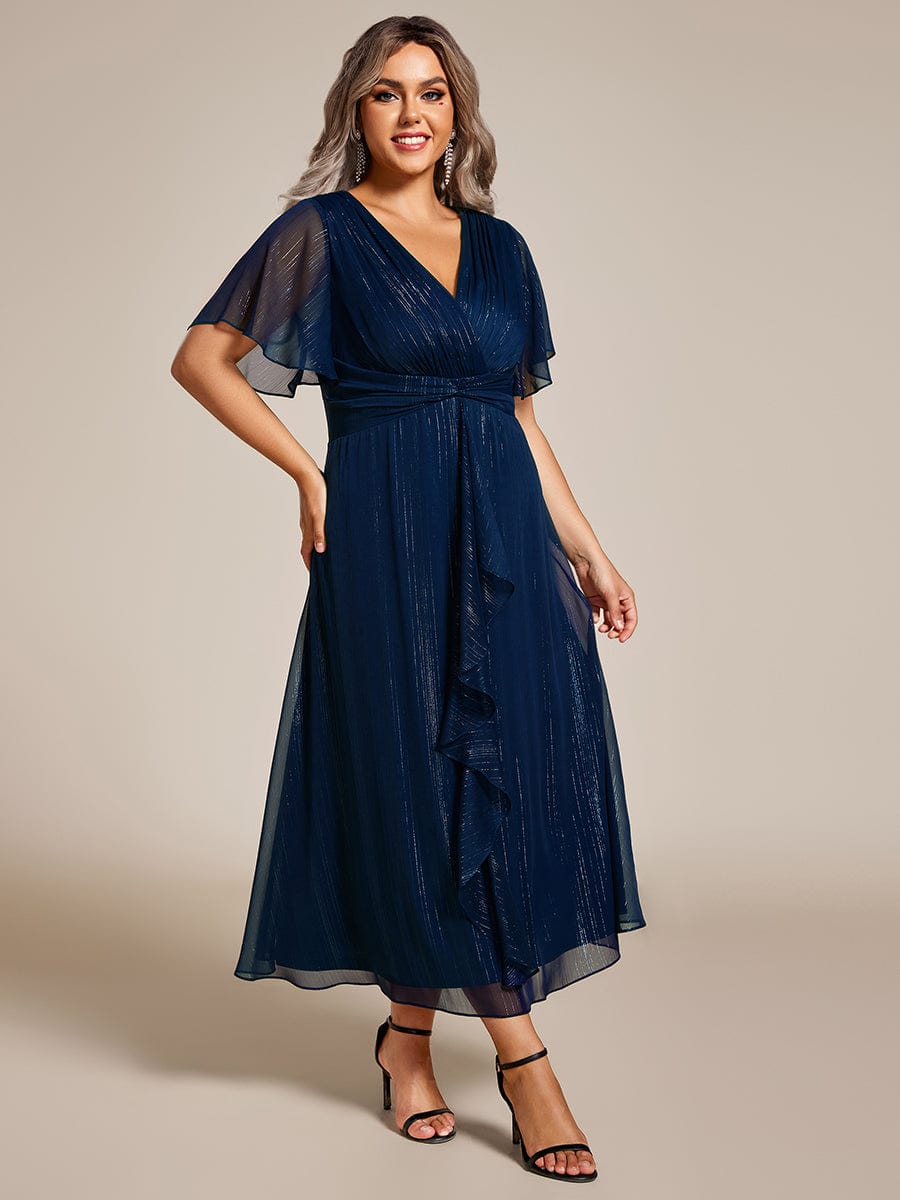 Plus Size Short Sleeve Twist Knot Metallic Midi Dress #color_Navy Blue