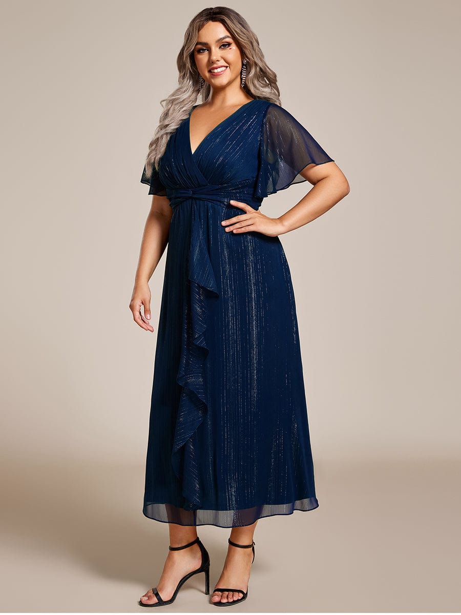 Plus Size Short Sleeve Twist Knot Metallic Midi Dress #color_Navy Blue