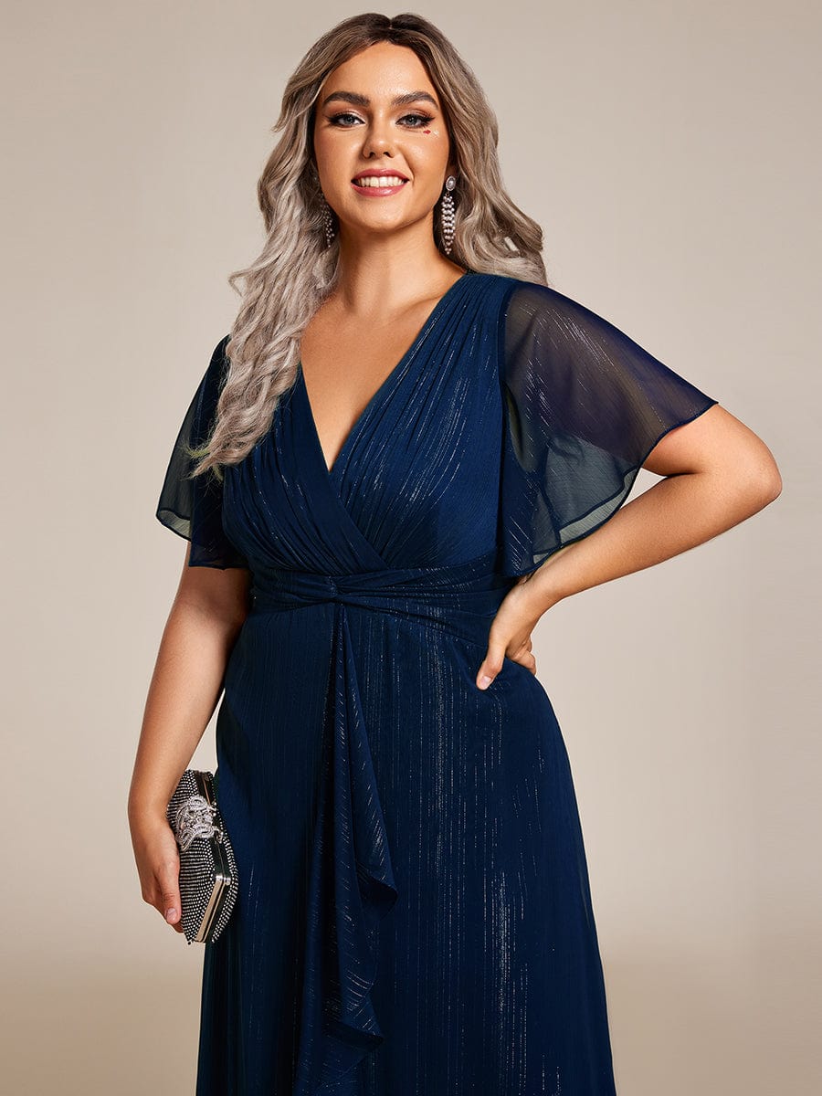 Plus Size Short Sleeve Twist Knot Metallic Midi Dress #color_Navy Blue