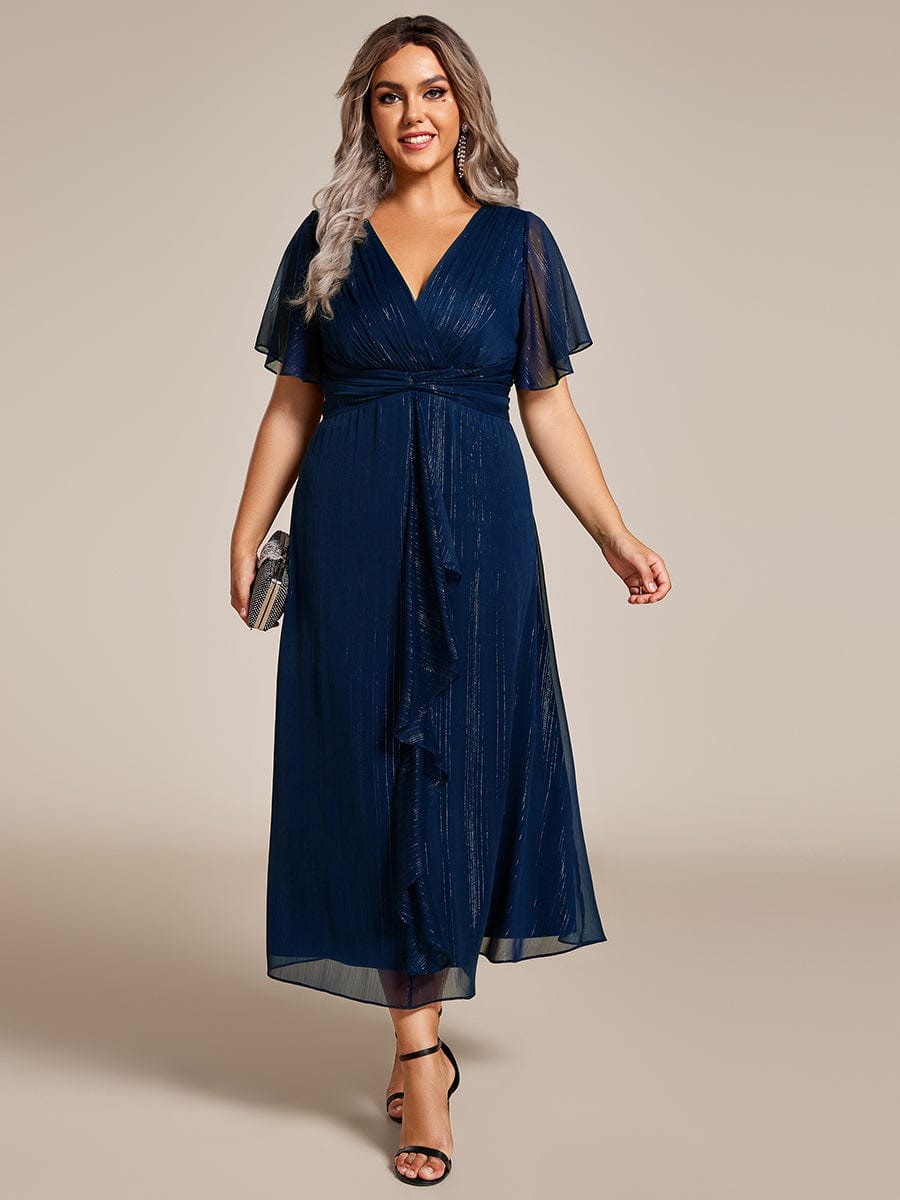 Plus Size Short Sleeve Twist Knot Metallic Midi Dress #color_Navy Blue