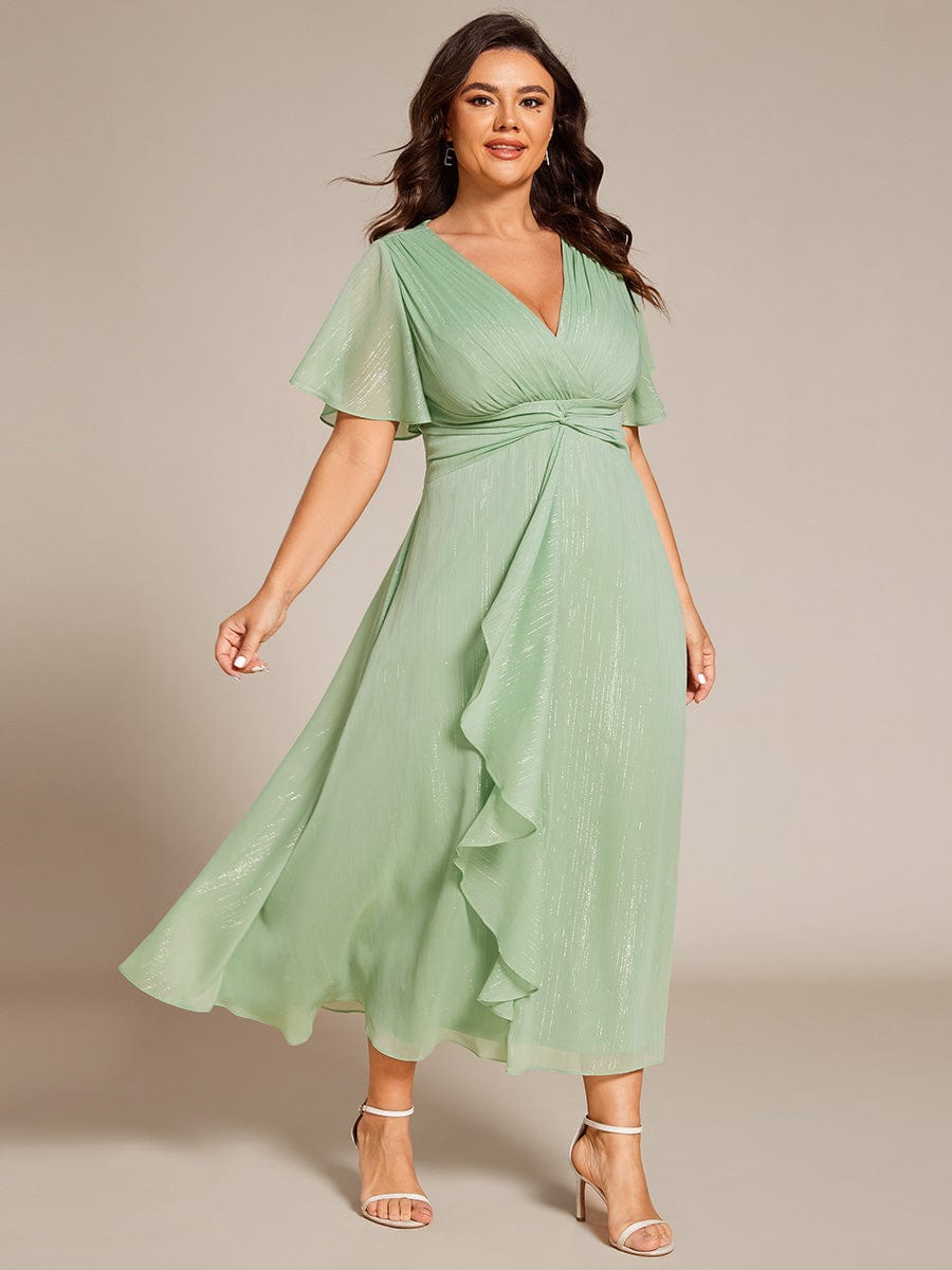 Plus Size Short Sleeve Twist Knot Metallic Midi Dress #color_Summer Green