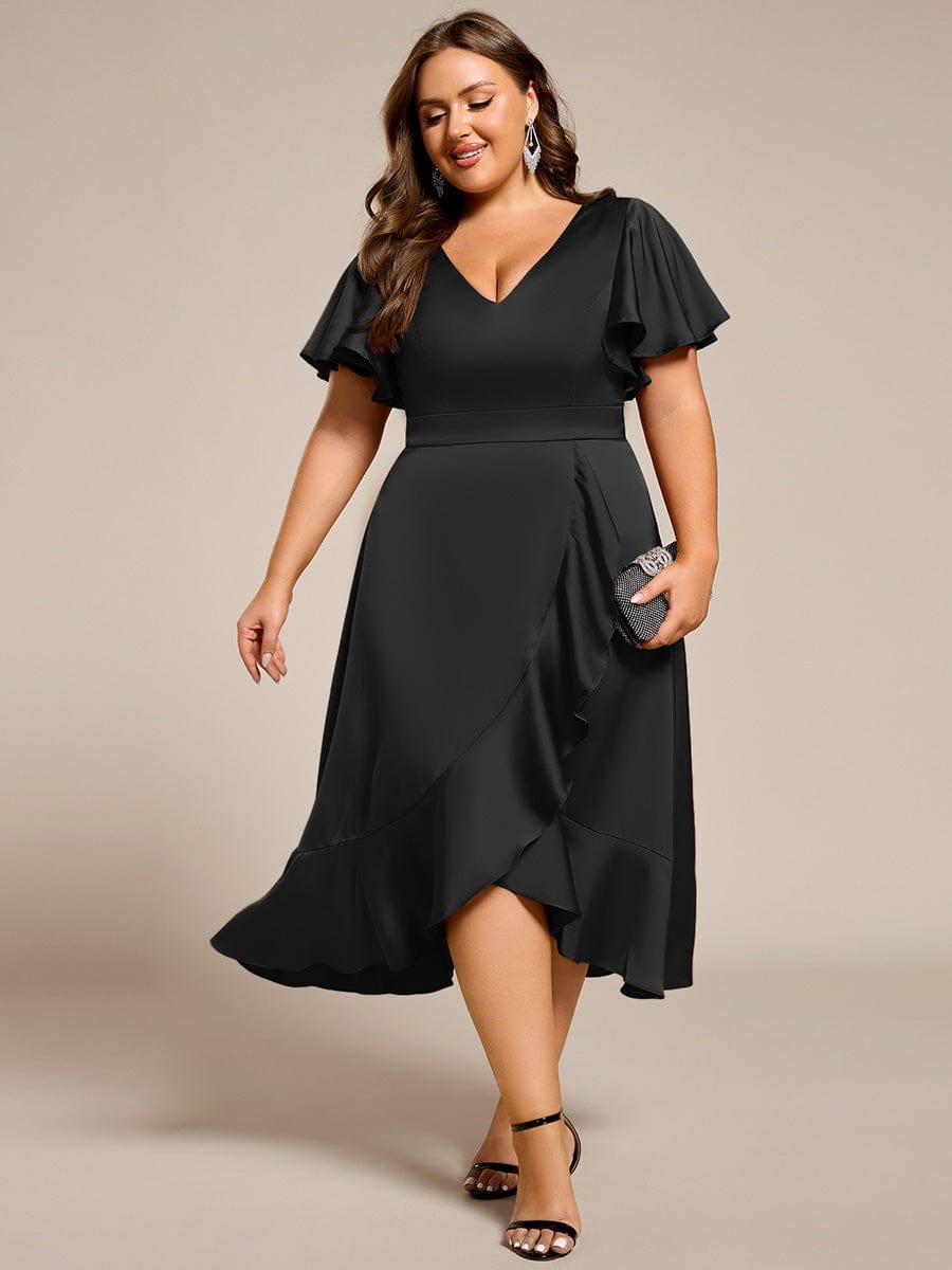 Plus Size V-Neck Satin Midi Dress with Ruffled Skirt #color_Black