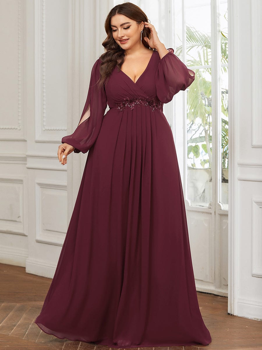 Plus Size Chiffon Empire Waist Maxi Dresses with Long Lantern Sleeves #color_Burgundy