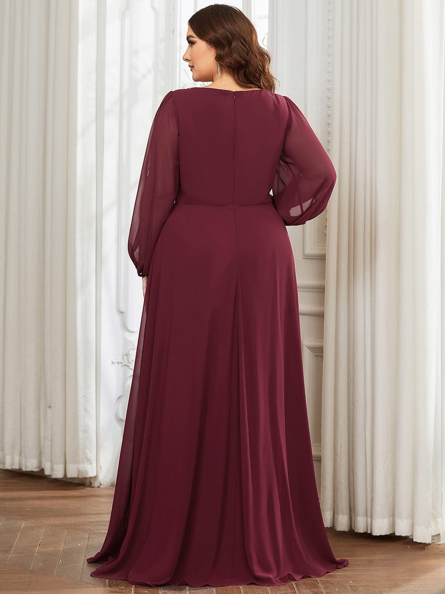 Plus Size Chiffon Empire Waist Maxi Dresses with Long Lantern Sleeves #color_Burgundy