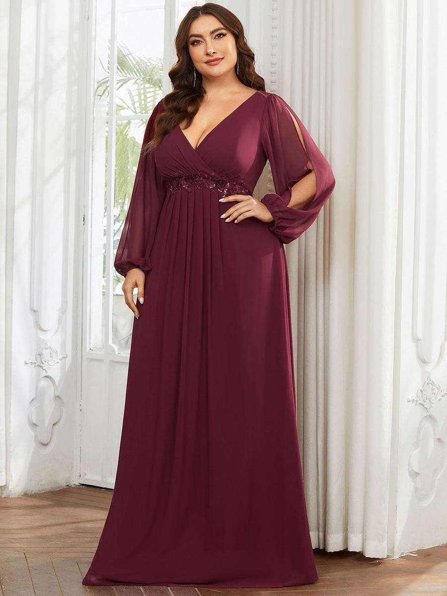 Plus Size Chiffon Empire Waist Maxi Dresses with Long Lantern Sleeves #color_Burgundy